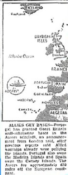 Map of Sub Bases in Azores, Given by Portugal to Great Britain, published October 13, 1943