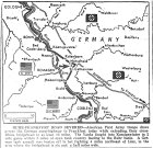 Map of Western Front, First Army severs Ruhr-Franfurt Road, extending Rhine bridgehead to 13 miles, fighting into Koenigswinter, within 3 miles of open lane to Ruhr, published March 16, 1945