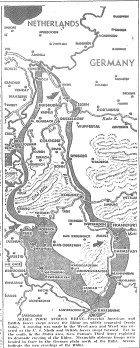 Map of Western Front, Ninth Army and British Second enter Wesel across Rhine; Third Army crosses at Mainz, published March 24, 1945