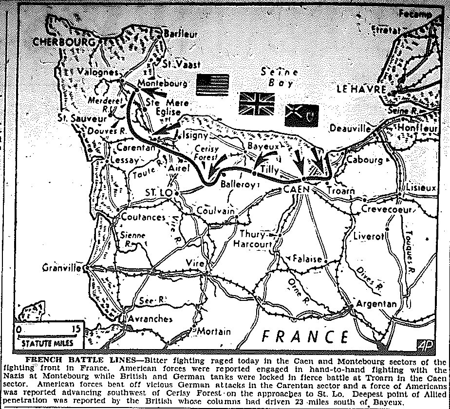 Map of Drive for Cherbourg, Battles for Caen and Montebourg, published ...
